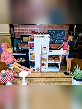 OOAK Barbie Theme Coffee Shop With 4 Dolls